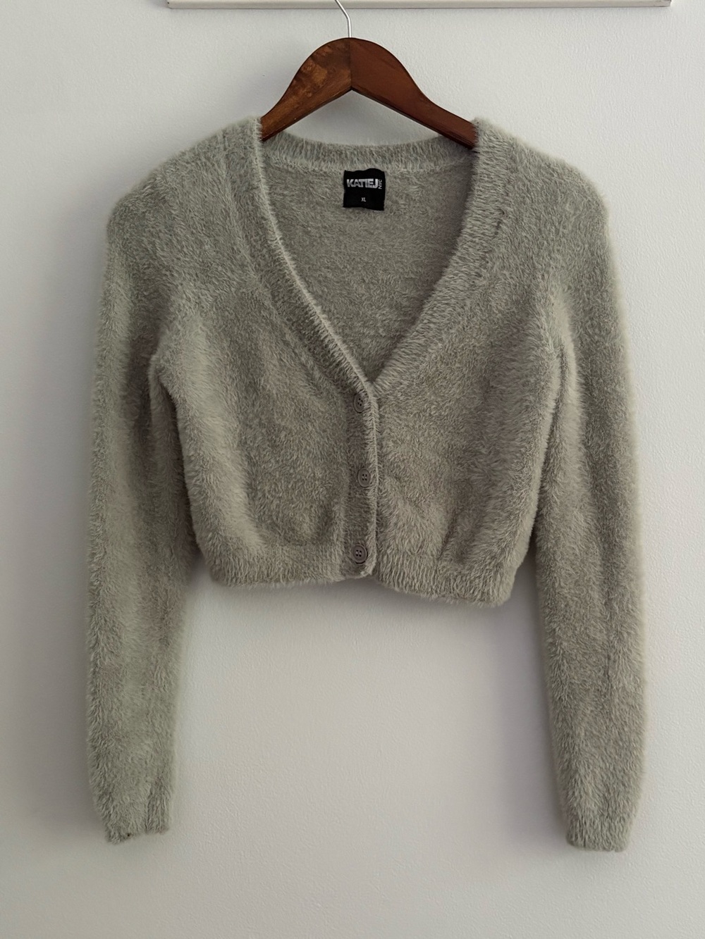 Katie J NYC Mohair Blend Cropped Fuzzy V-Neck Cardigan - Light Gray Tween Sz:XL